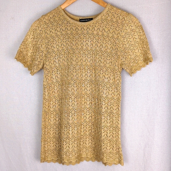 THEOMILES Women's Metallic Gold Short Sleeve Lace Cut Out Knit Top - Picture 1 of 3